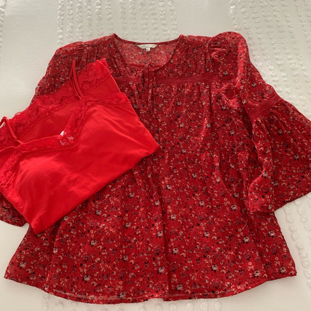 Lucky Brand Peplum Sheer Bell Sleeve Top Size Med With Camisole
